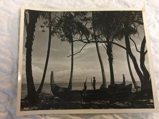 Ww2 Official Us Navy Photo Guadalcanal Local Natives Boat By Beach 1944