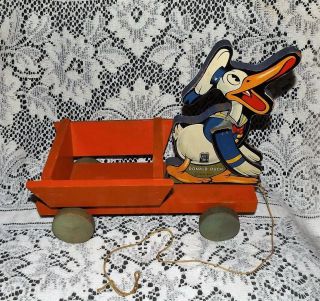 VTG 1937 FISHER PRICE W.  D.  ENT Walt Disney Enterprises WOOD DONALD DUCK PULL TOY 9