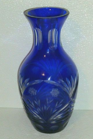 Cobalt Blue Cut To Clear Art Glass Vase Floral Czech Bohemian Vtg 11 "