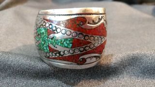 Vtg Navajo Thunderbird Sterling Silver Chip Inlay Turquoise Coral Cuff Bracelet