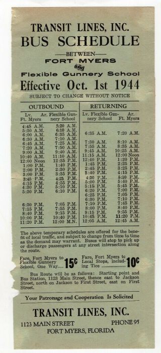1944 Broadside Bus Schedule Fort Myers To Flexible Gunnery School