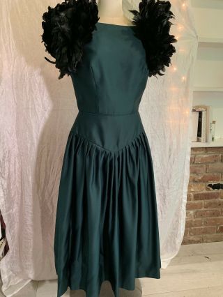 Vintage Victor Costa Green Black Feather Sleeves Evening Gown Dress 80s 50s M 12