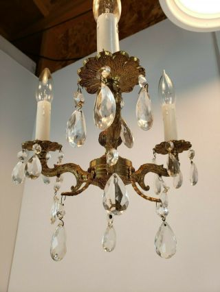Vintage Miniature Chandelier Antique Brass Crystal Prisms Petite Hanging Light