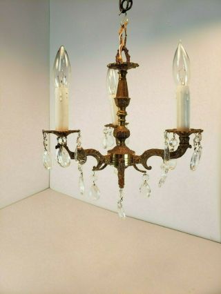 Vintage Miniature Chandelier Antique Brass Crystal Prisms Petite Hanging Light 2