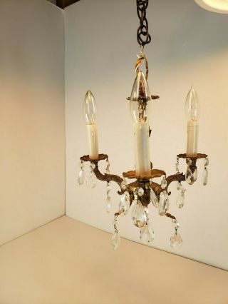 Vintage Miniature Chandelier Antique Brass Crystal Prisms Petite Hanging Light 3