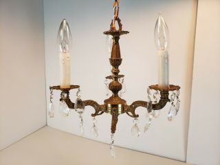 Vintage Miniature Chandelier Antique Brass Crystal Prisms Petite Hanging Light 5