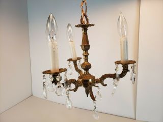 Vintage Miniature Chandelier Antique Brass Crystal Prisms Petite Hanging Light 6