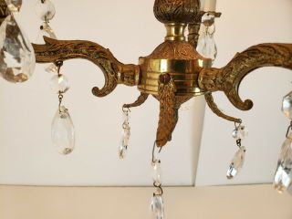 Vintage Miniature Chandelier Antique Brass Crystal Prisms Petite Hanging Light 7