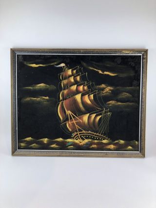 Black Velvet Mexico Sailing Ship Framed Painting Vintage