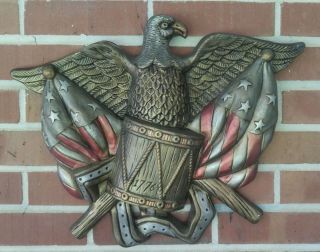 Vintage Ceramic Eagle Flags Drum Wall Hanging Plaque Patriotic Americana 19 "