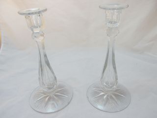 2 Antique Vintage Signed Tuthill Brilliant Cut Glass Candle Sticks Holders Pair