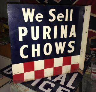 Vintage 1940s Purina Chows 2 Sided Flange Advertising Sign Farm Animal Feed Old