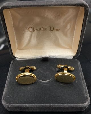 Vintage Christian Dior Gold Tone Oval Cuff Links With Box