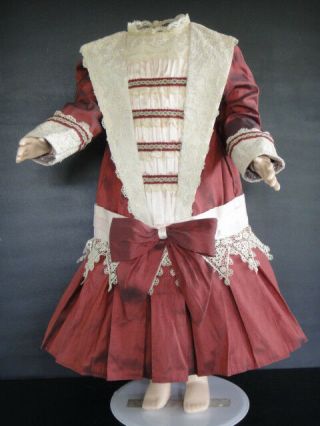 Wine Silk French Doll Dress For 28 - 30 " Doll - Antique Style - Made In France