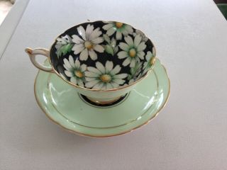 Vtg Paragon Large White Daisy Black Green Tea Cup Saucer Crest By Appt.