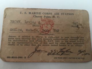 Ww2 Wwii Era Usmc Marine Corps Air Station Cherry Point Nc Id Card For Sergeant