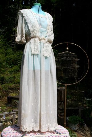 Antique Edwardian Tea Dress Sheer Cotton W Lace Scallops Net Lace Details