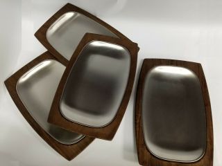Set Of 4 Vintage Weavewood Walnut & Stainless Steel Steak Platters Plates (2pc)
