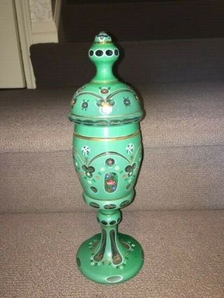 Vintage Large Bohemian Czech Cased Glass Green Overlay Cut To Clear W/ Lid.