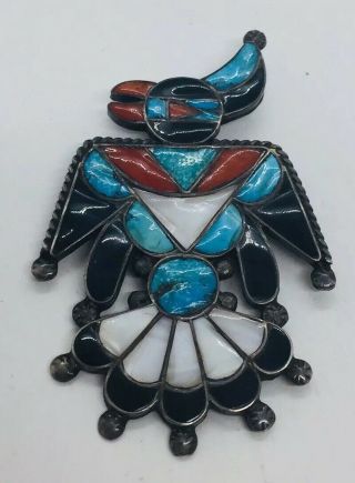 Vintage Zuni Native American Sterling Silver Coral Turquoise Thunderbird Pin