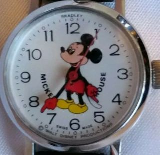 Disney Bradley Red Hands Mickey Mouse Watch Swiss Made Vintage Wind Up