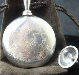 Antique Sterling Silver Perfume Bottle Flask With Funnel Floral Design Japanese