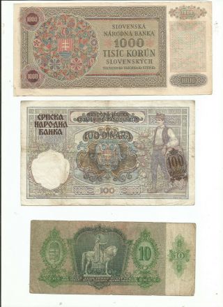Slovakia 1000 Korun,  Serbia 100 dinara,  Hungary 10 pengo.  German Occupation WW2. 2