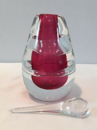 Vintage Red & Clear Heavy Important Murano Art Glass Perfume Bottle w Stopper 8