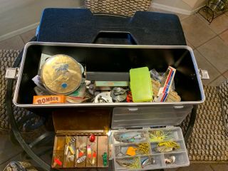 Vintage Sears Ted Williams Tackle Box Full Of Assorted Fishing Lures And Heddon 8
