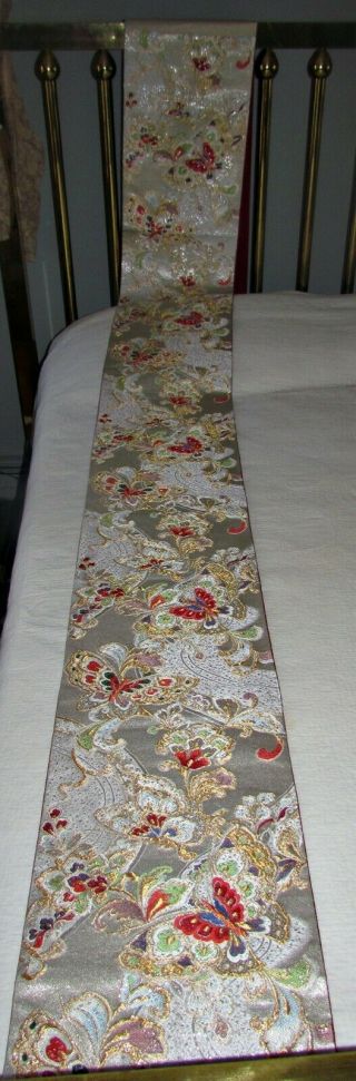 Vtg Japanese Woven Silk Brocade Fukuro Obi Gold & Silver Threads Butterflies &,