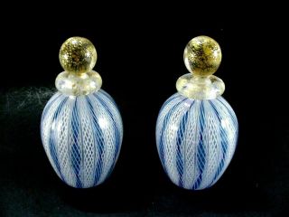 Vintage Murano Art Glass Blue Latticino Pair Perfume Bottles W Stoppers W Gold