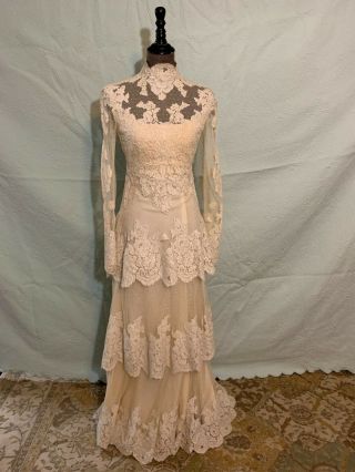 Vintage Wedding Gown Antique Ivory Lace Overlay Tiered Sz 4 (see Measurements)