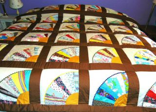 Vintage Handmade Patchwork Quilt Multi Color Quilt Fan Cotton Blend Quilt Queen