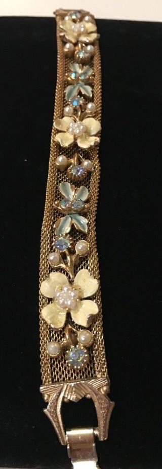 Vintage Designer Signed Florenza With Enamel Flowers & Rhinestone Mesh Bracelet