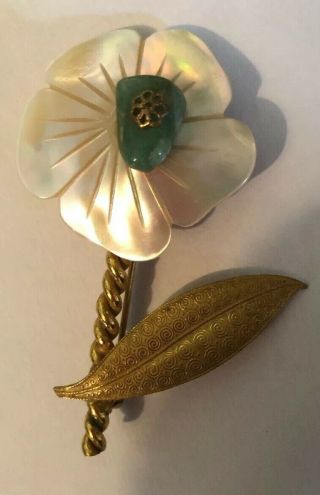 Vintage Signed Miriam Haskell Mother Of Pearl Jade Pin With Flower