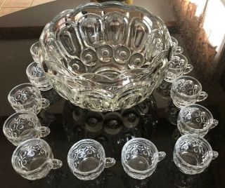 Vintage L.  E.  Smith Moon & Stars Clear Glass Punch Bowl & 12 Cups