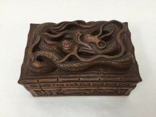 Vintage Chinese Hand Carved Dragon Wooden Jewelry Trinket Box,  5 3/4 " X 3 3/4 "
