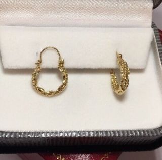 Vintage 14k Yellow Gold Rope Small Huggie Hoops Drop Artisan Bali Earrings 7/8 "