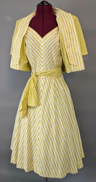 40s Vintage Saks 3 Pc Halter Sundress Cotton Chevron Stripes Bolero Sash Belt M