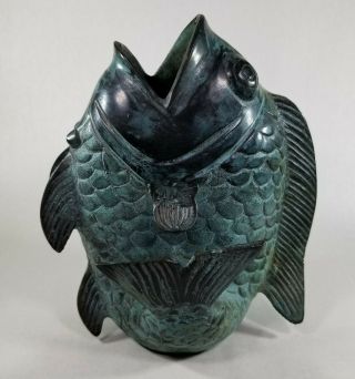Bronze Koi Fish Statue Vase Figurine Art Sculpture Decor Asian Vintage Patina
