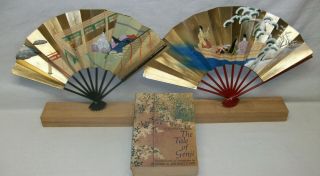 2 Vintage " The Tale Of Genji " Hand Painted Japanese Fans & Murasaki Shikibu Book