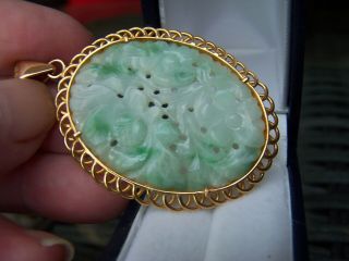 Vintage Chinese Large Jadeite Jade 22 K Solid Gold Pendant Export Quality