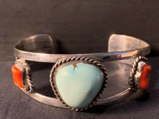 Vintage Navajo Sterling Silver Turquoise & 2 Coral Cuff Bracelet 22g