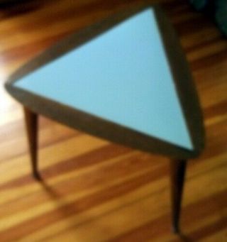 Vintage Arthur Umanoff Mcm Danish Modern Triangle Teak Baby Blue Formica Table