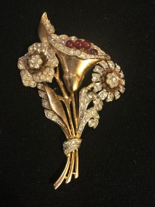 Vintage Figural Flower Brooch Pin With Rhinestones Women 