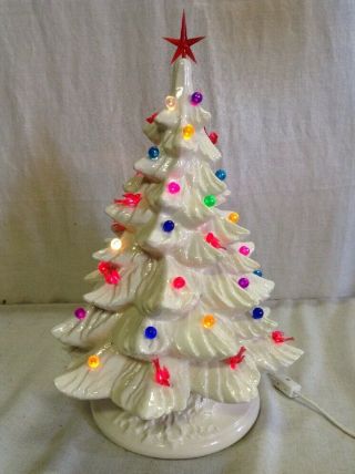 Vintage Antique Large 18 " White Ceramic Christmas Tree Light Up Birds Bulbs Star