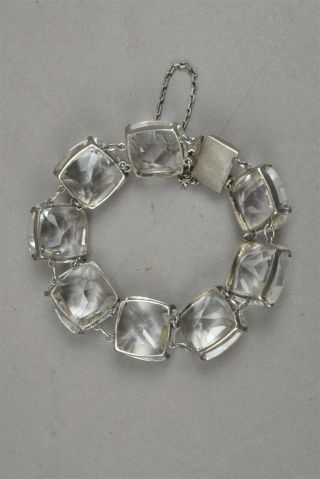 Vintage Sterling Silver Bracelet Clear Glass Rhinestones Square Stones 7