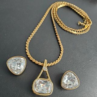 Swarovski (swan Logo) Vintage Crystal Necklace Pendant Earrings Set Gold Tn L149
