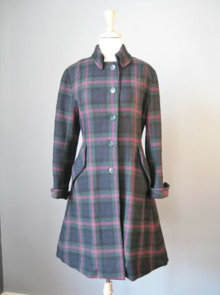 Vintage 1950s Coat Dark Green,  Blue And Pink Plaid Princess Frock Fitted Coat