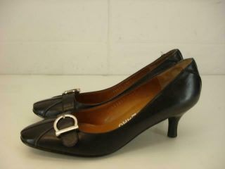 Women 7 B M Salvatore Ferragamo Vara Black Leather Shoes Pump Heel Silver Buckle